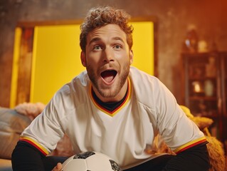 Excited male fan wearing Germany soccer shirt expressing joy during match