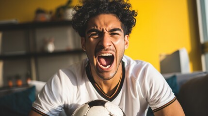 Football enthusiast in Germany jersey shouting with excitement