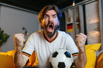 Emotional German football fan cheering passionately during a game