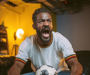 Vocal German football supporter in national colors during a live game