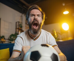 Football enthusiast in Germany jersey shouting with excitement