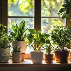 Fototapeta premium Indoor Plants in Stylish Pots Near Sunny Window in Daylight
