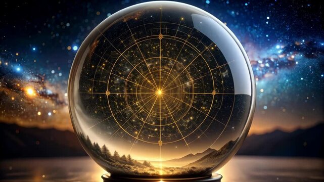 Mystical crystal ball reflecting starry night, landscape and glowing lines with gold light, conveying divination and mystery