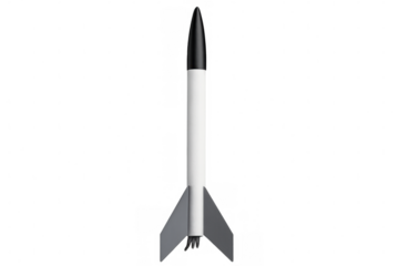 Minimalist 3d rendering of a simple white rocket with black tip and grey fins on a transparent background, ready for liftoff