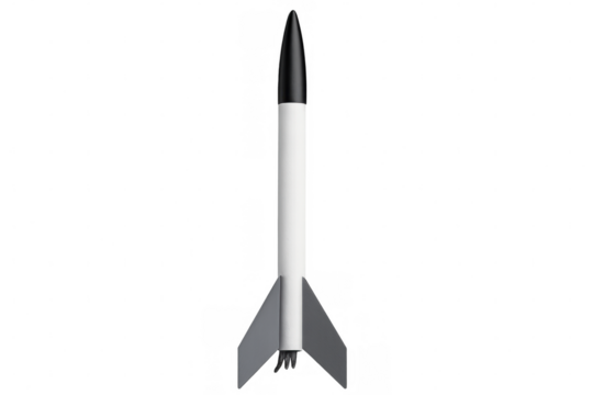 Minimalist 3d rendering of a simple white rocket with black tip and grey fins on a transparent background, ready for liftoff