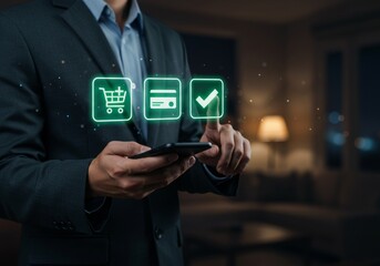 Man using smartphone for online shopping with digital icons