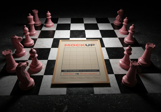 Vertical Frame Poster Mockup on Chess Board