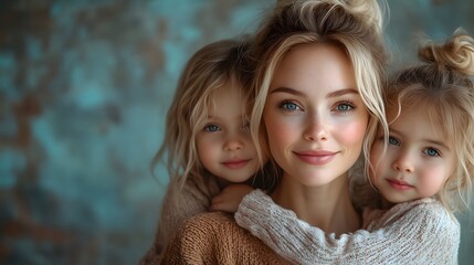 Mother embracing her two blonde daughters with blue eyes