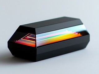Black geometric object glows with colorful light