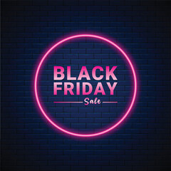 Black Friday sale neon frame sign light electric banner glowing on black brickwall background