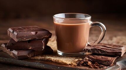 Still life of chocolate chunks and a glass mug filled with hot chocolate on a wooden surface
