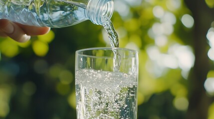 Pouring sparkling water from plastic bottle into glass on blurred green background