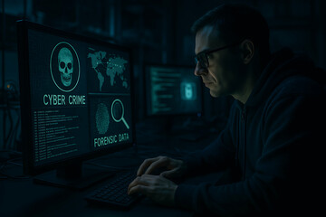 Cyber Security Solutions. A man in glasses works on a computer in a dark room, analyzing cyber crime and forensic data on a screen.