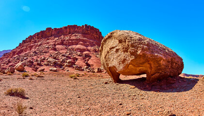 Balanced Boulder and Rugged Mesa in Desert Wilderness Eye Level Panorama