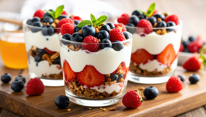 Vibrant tableau unfolds featuring layered parfait of fresh berries, creamy yogurt, and crunchy granola, evoking sense of freshness and indulgence