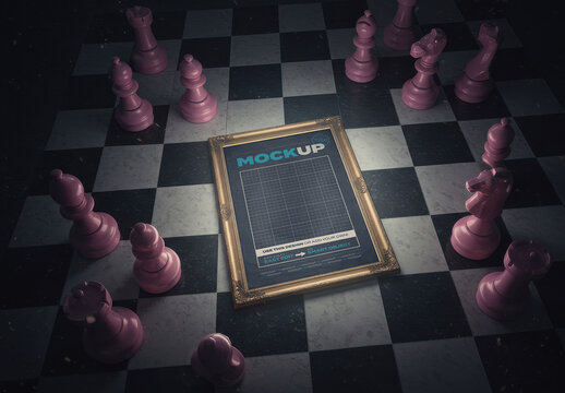 Vertical Frame Poster Mockup on Fantasy Chess Board