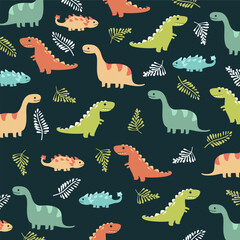 cute seamless pattern illustration of dinosaur green nature for kids apparel design