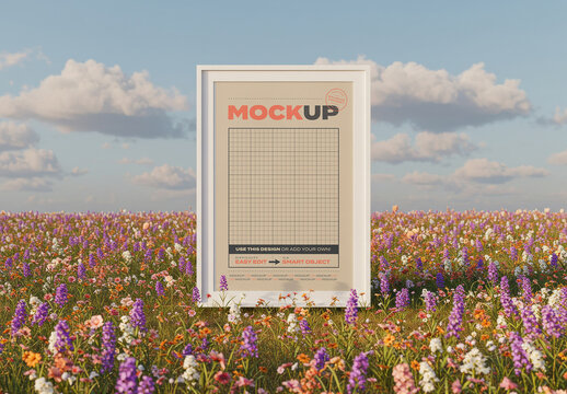 Vertical Frame Poster Mockup on Flower Field