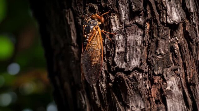 Detailed close-up of a periodical cicada clinging to the textured bark of a tree trunk, showcasing its patterned wings and segmented body.
