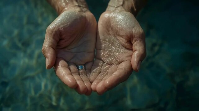 Hands Cupping Clear Water, Underwater Close-up