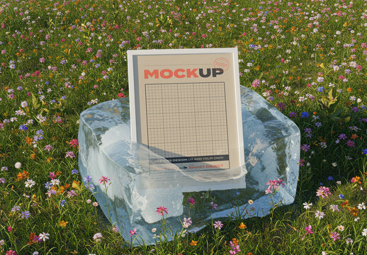 Vertical Frame Poster Mockup on Ice Cube on Flower Field