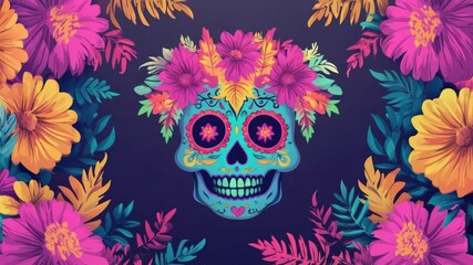 Vibrant sugar skull with colorful floral crown surrounded by marigolds and foliage on dark background, day of the dead concept