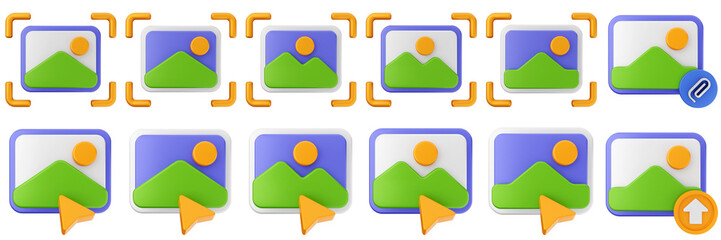 3d image scan click upload link picture gallery photo icon set bundle illustration