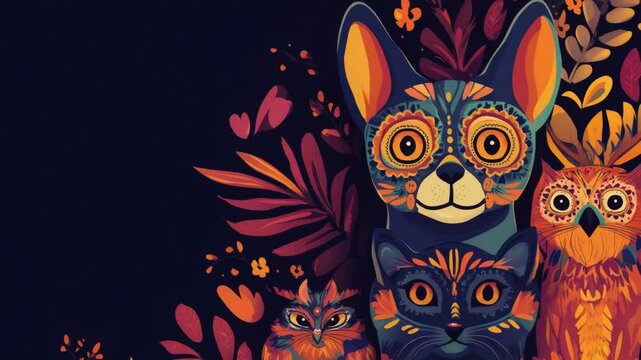 Colorful mexican folk art with dog and cats, vibrant animal design with floral elements, inspired by traditional d&iacute;a de los muertos celebration
