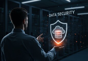 Data security concept with man and digital shield in server room