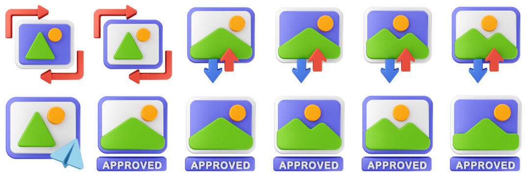 3d image transfer approved picture gallery photo icon set bundle illustration