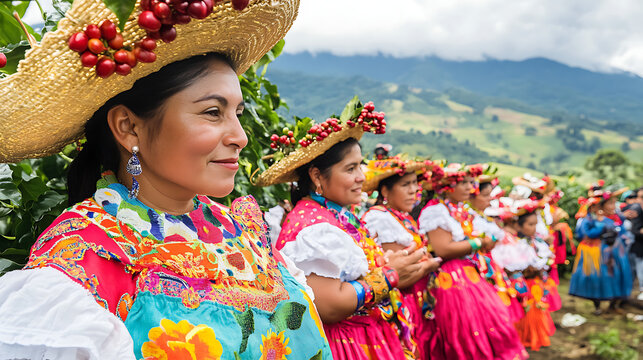 Traditional coffee farmers wearing bright cultural attire gather on Colombian mountain slopes to celebrate the annual coffee festival