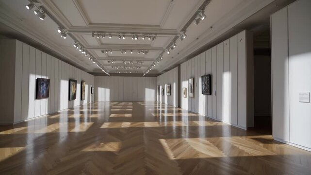 Sunlight illuminating paintings in serene art gallery