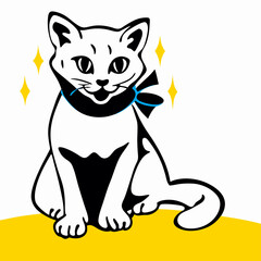 Cute Cartoon Cat Wearing a Bow Tie Sitting on Yellow Background