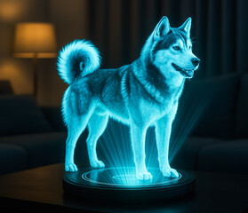 Holographic projection of a siberian husky dog standing on a table in a living room