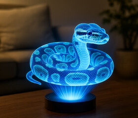 Holographic projection of a snake floating above a device in a modern living room