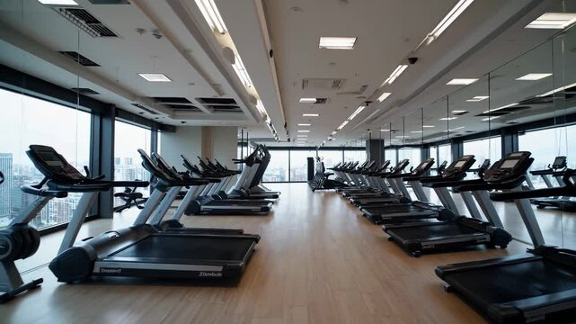 Modern fitness oasis, empty gym with treadmills