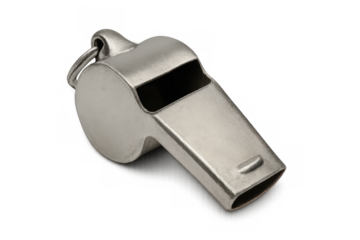 Classic metal whistle resting on a transparent background, ideal for signaling during sports, refereeing, or emergency situations