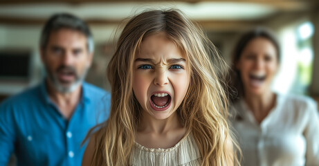 Obraz premium A child cries while parents argue in the background. The crying child highlights the emotional pain and turmoil caused by parental arguments. Generative AI.
