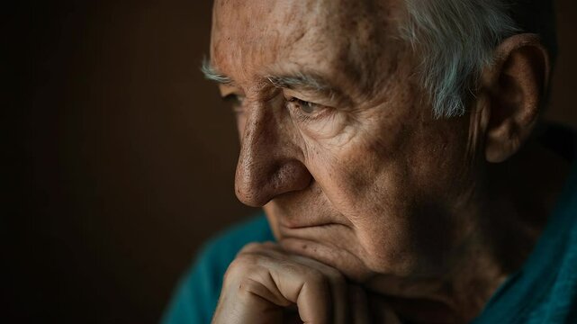 Close up of a senior man resting his chin on his hand, lost in deep thought, conveying a sense of contemplation and wisdom against a dark background