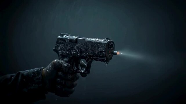 Rain-soaked Handgun Firing in the Dark Dramatic Close-up