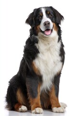 Bernese Mountain Dog standing calmly with tri-colored coat on white background