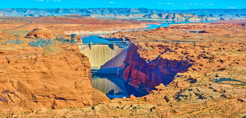 Aerial Glen Canyon Dam Spanning Colorado River and Lake Powell Panorama