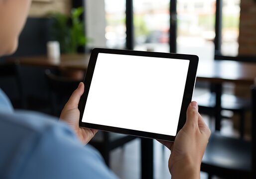 Over The Shoulder View Of A Person Holding A Black Tablet In Landscape Mode With A Blank White Screen Inside A Blurry Cafe Setting, business mockup, remote work - Powered by Adobe