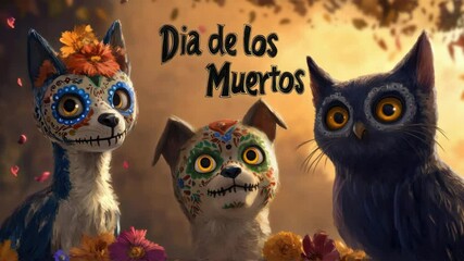 Colorful day of the dead animals with traditional face paint and flowers celebrating dia de los muertos concept