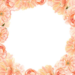Obraz premium Square floral border of watercolor peach peonies and green leaves, hand-painted for wedding invitations, stationery, elegant branding, packaging, greeting cards, and romantic paper design projects