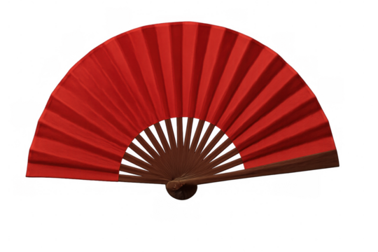 Red hand fan open on transparent background, showing wooden ribs and red fabric, representing chinese culture and elegance