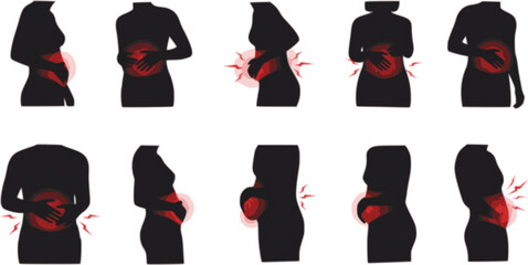 vector set of Bloating icons set. People experiencing digestive problems, discomfort, and symptoms related to stomach and gut health
