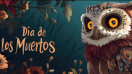 Intricate owl with day of the dead face paint surrounded by marigolds and leaves in a lively celebration atmosphere - concept of day of the dead
