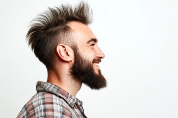 Fototapeta premium Trendy men's colored crest haircut - midlife white man with hair. Pure white solid background. A stylish haircut framing a fashionable manâ€™s face. Artwork of style for aging men.