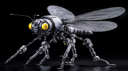 Fototapeta premium Metallic robotic insect stands on a reflective surface against a dark background.